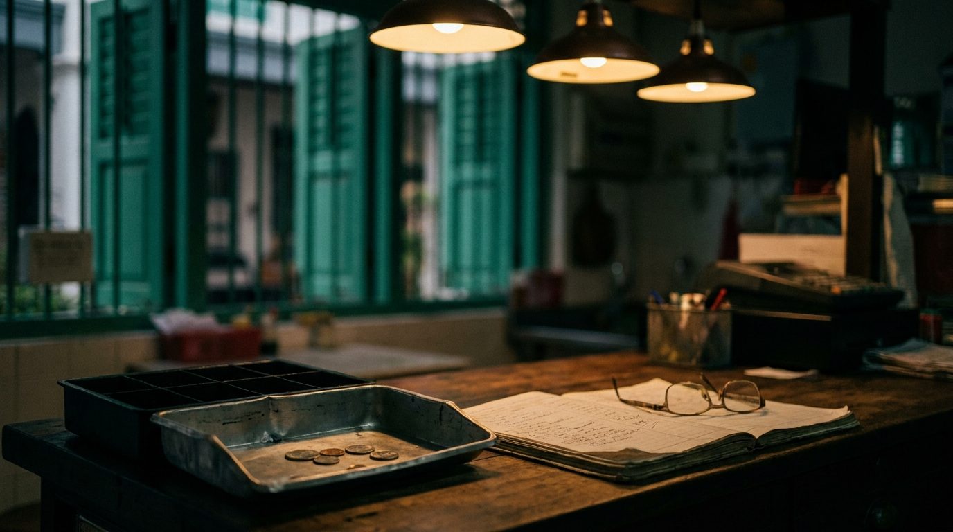 Small Singapore shop owner's counter with a handwritten ledger and cash tray
