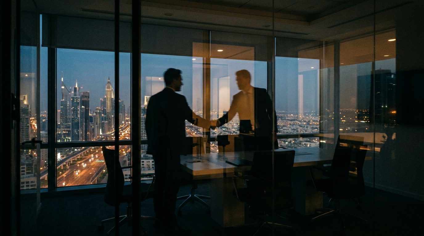 Two professionals closing a deal across a table in a Dubai office at dusk